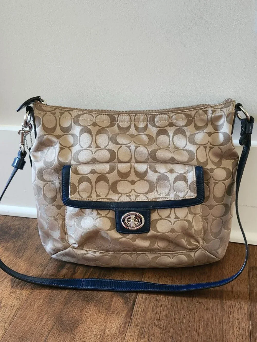 Coach Signature Stripe Tote • Blue Leather Trim • Beige/Blue Canvas • EUC - Picture 2 of 14